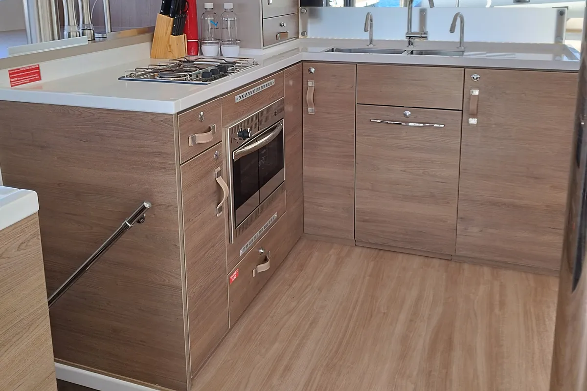 Galley of Steno, a Bali 4.8 catamaran at Olbia, Italy