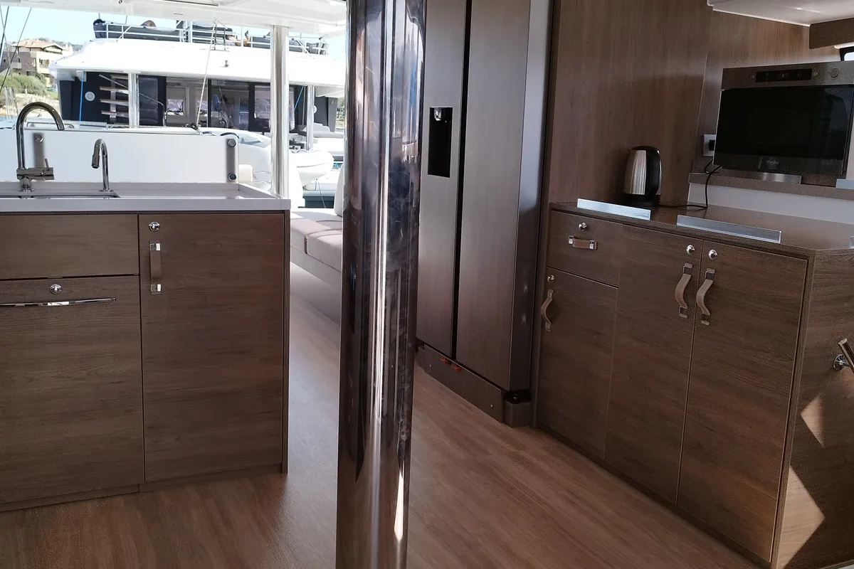 Galley of Steno, a Bali 4.8 catamaran at Olbia, Italy