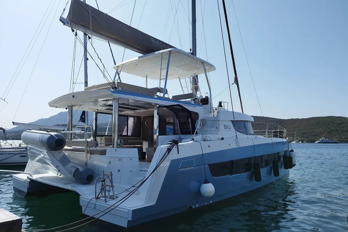 Exterior view of Steno, a Bali 4.8 catamaran at Olbia, Italy