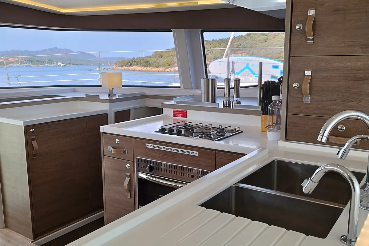 Galley of Steno, a Bali 4.8 catamaran at Olbia, Italy