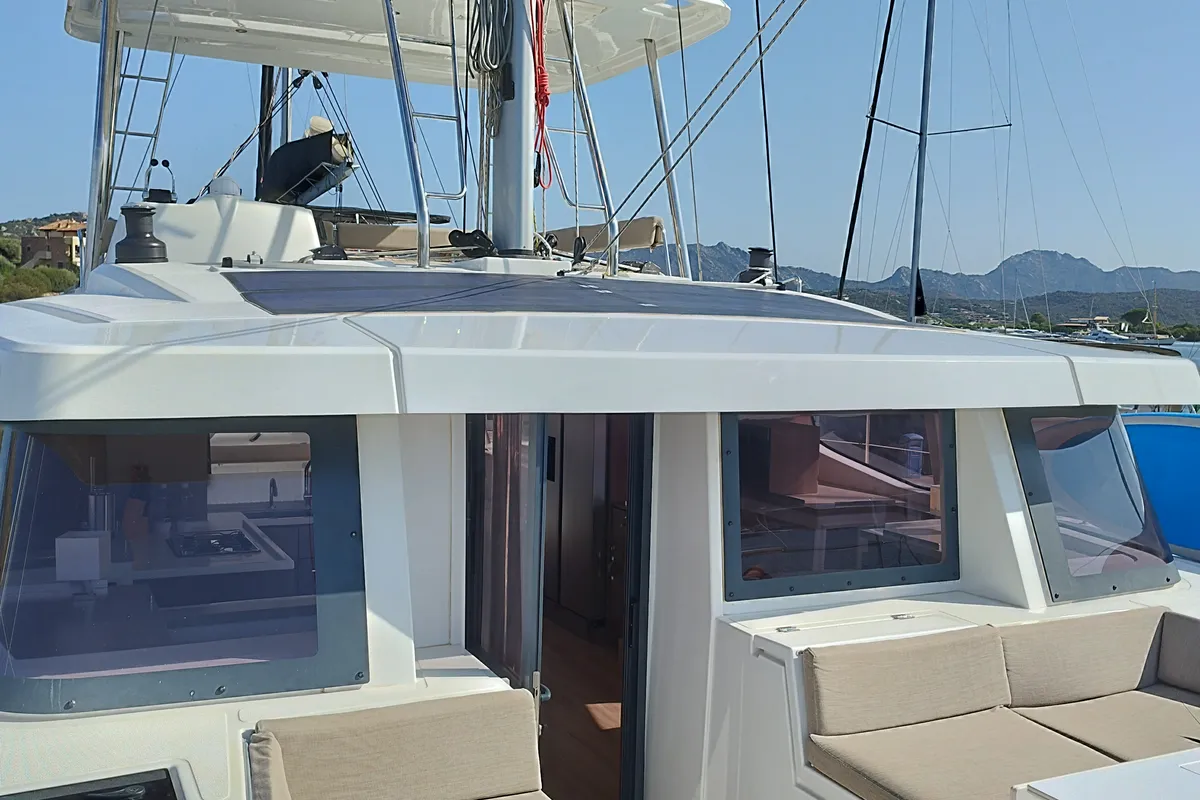Deck of Steno, a Bali 4.8 catamaran at Olbia, Italy