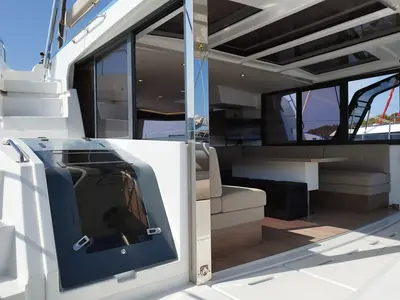 Salon of Steno, a Bali 4.8 catamaran at Olbia, Italy