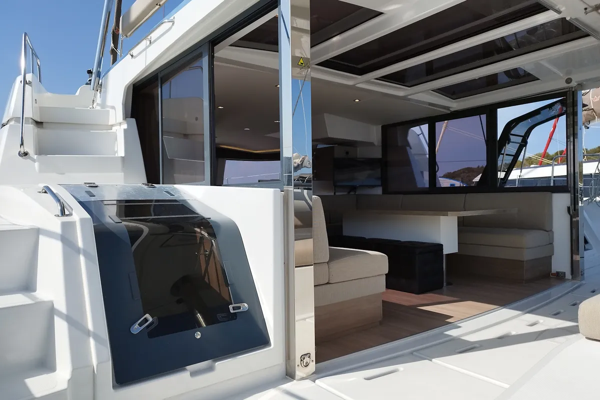 Salon of Steno, a Bali 4.8 catamaran at Olbia, Italy