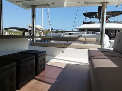 Deck of Steno, a Bali 4.8 catamaran at Olbia, Italy