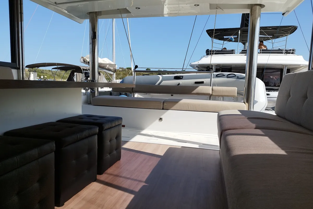 Deck of Steno, a Bali 4.8 catamaran at Olbia, Italy