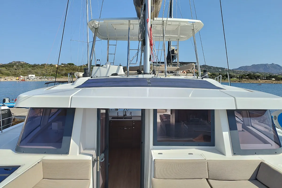 Deck of Steno, a Bali 4.8 catamaran at Olbia, Italy