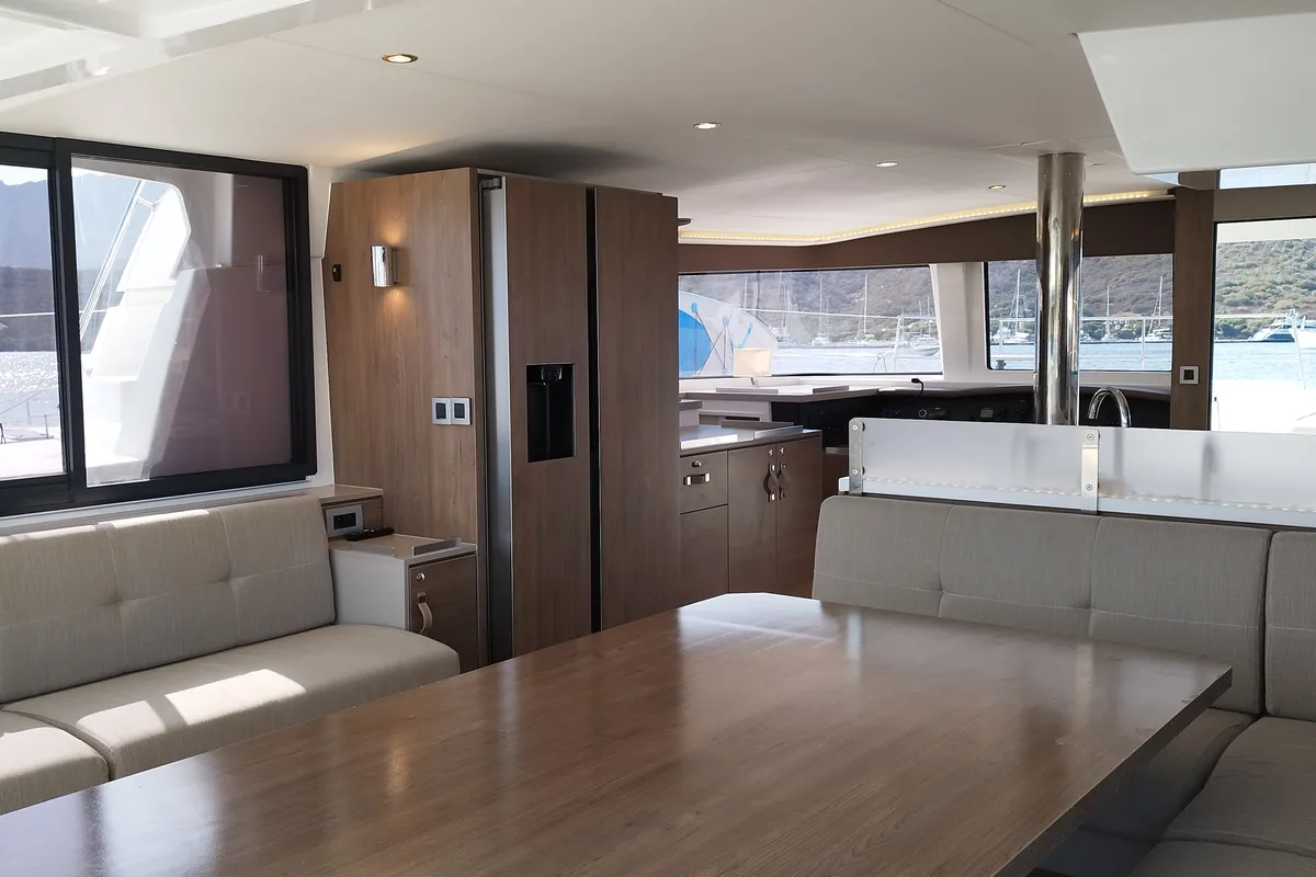 Salon of Steno, a Bali 4.8 catamaran at Olbia, Italy