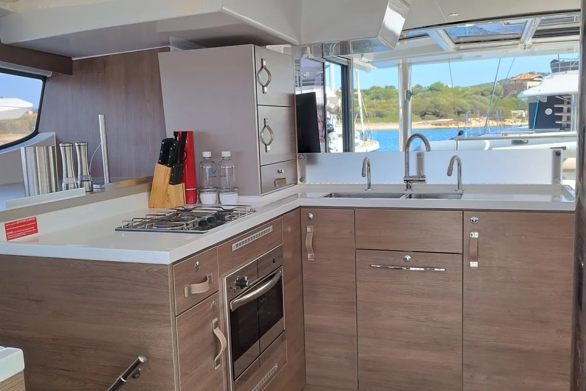Galley of Steno, a Bali 4.8 catamaran at Olbia, Italy