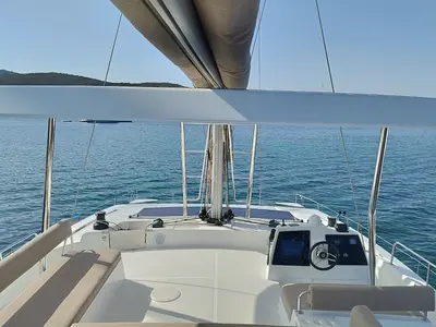 Cockpit of Steno, a Bali 4.8 catamaran at Olbia, Italy
