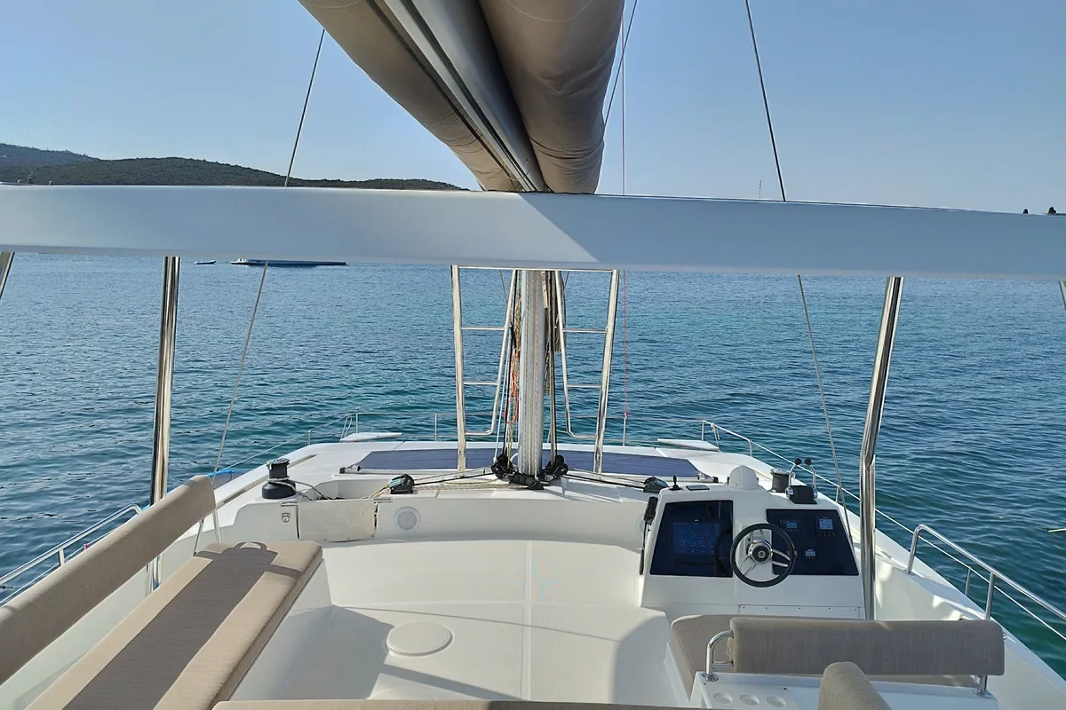 Cockpit of Steno, a Bali 4.8 catamaran at Olbia, Italy