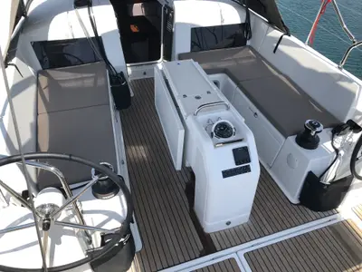 Cockpit of Kos 440.3, a Jeanneau Sun Odyssey 440 sailboat at Athens, Greece