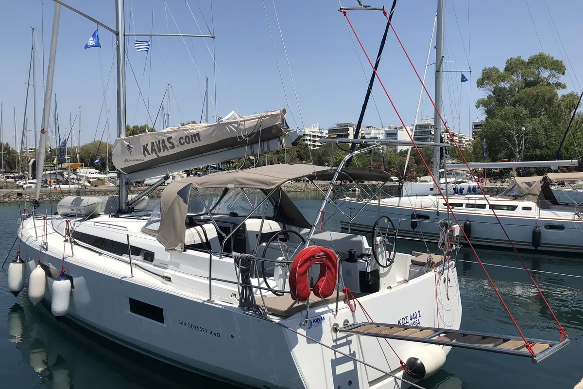 Exterior view of Kos 440.3, a Jeanneau Sun Odyssey 440 sailboat at Athens, Greece