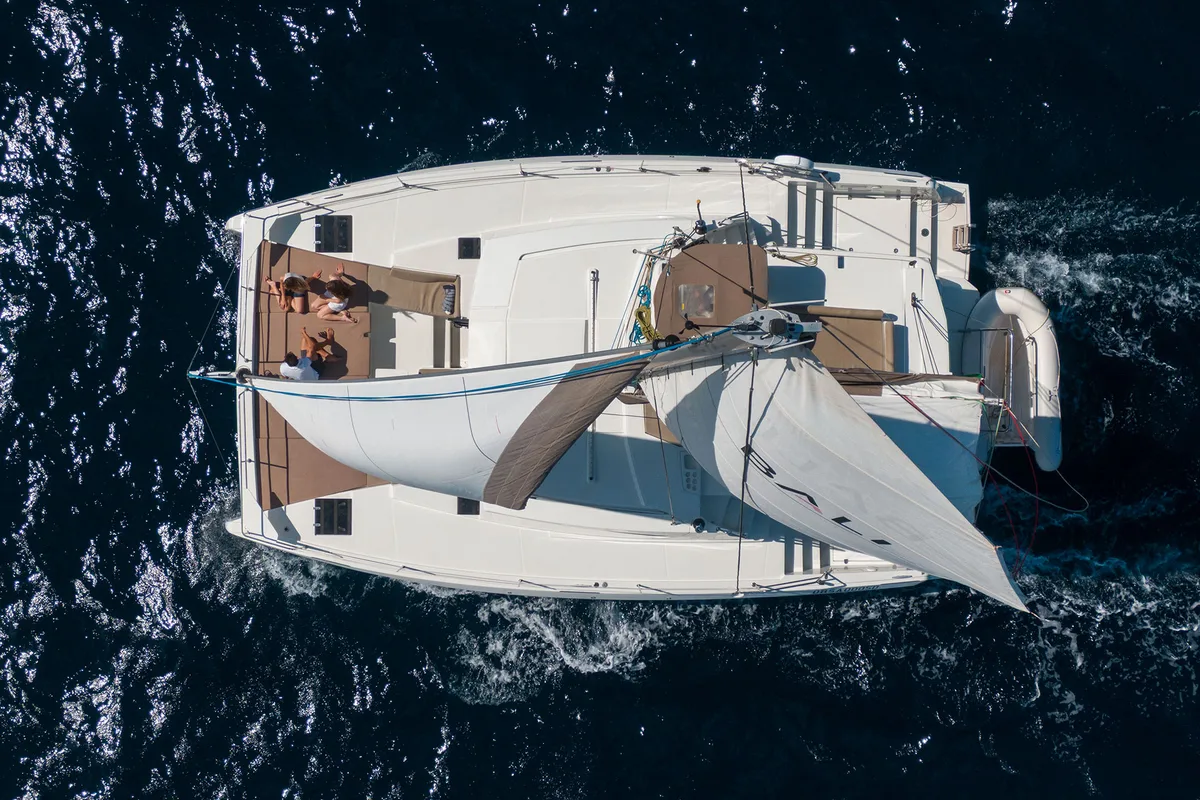 Exterior view of Orsa 5, a Bali 4.2 catamaran at Cannigione, Italy