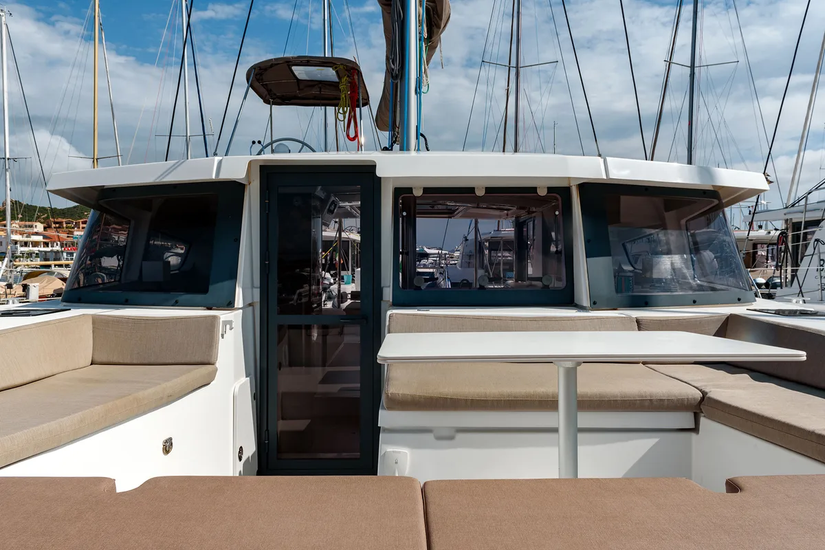 Deck of Orsa 5, a Bali 4.2 catamaran at Cannigione, Italy