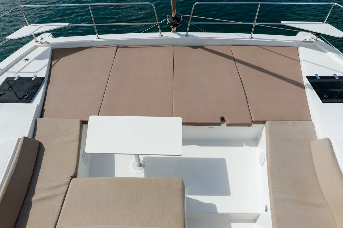 Deck of Orsa 5, a Bali 4.2 catamaran at Cannigione, Italy