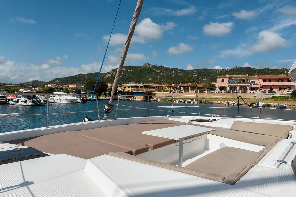 Deck of Orsa 5, a Bali 4.2 catamaran at Cannigione, Italy