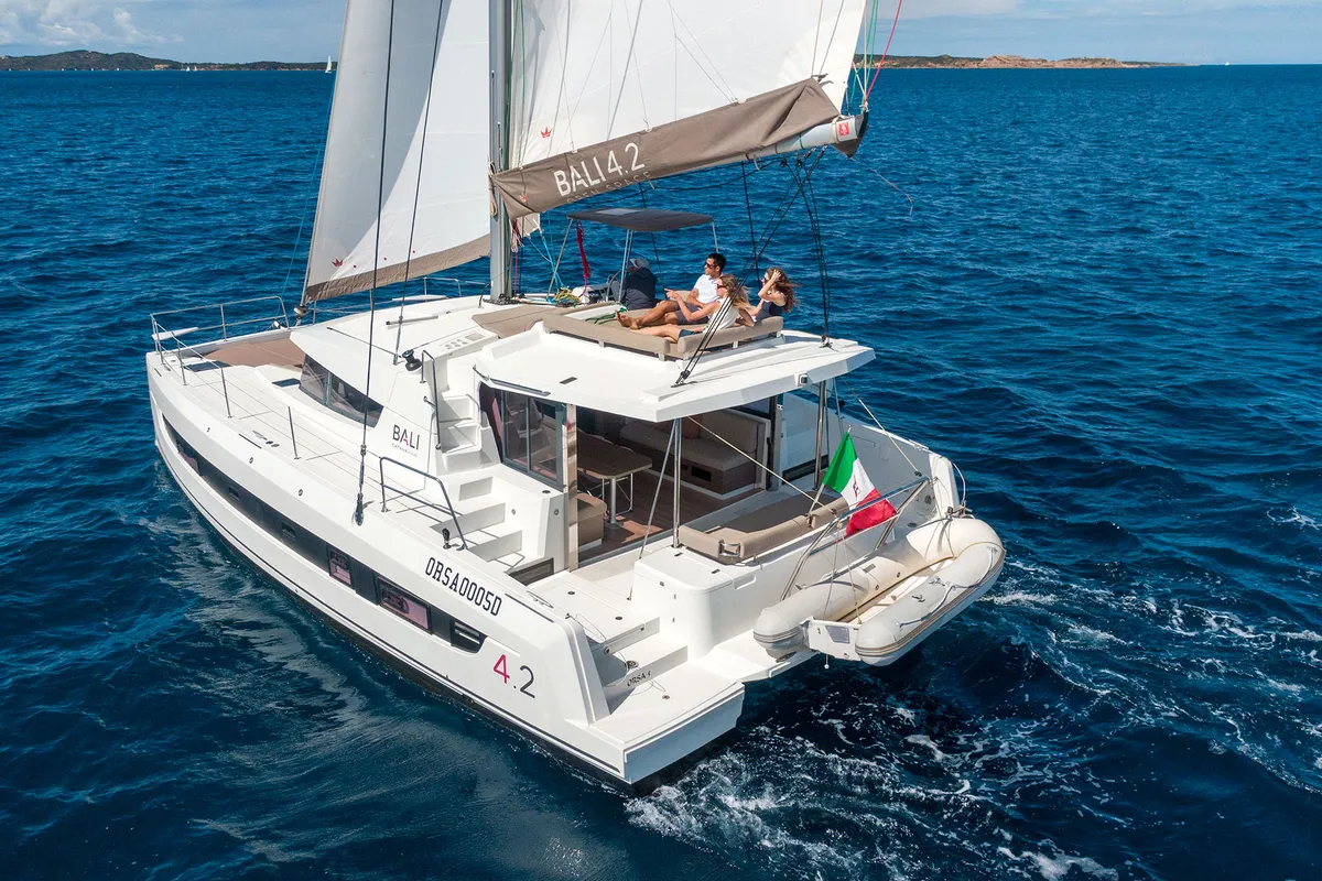 Exterior view of Orsa 5, a Bali 4.2 catamaran at Cannigione, Italy