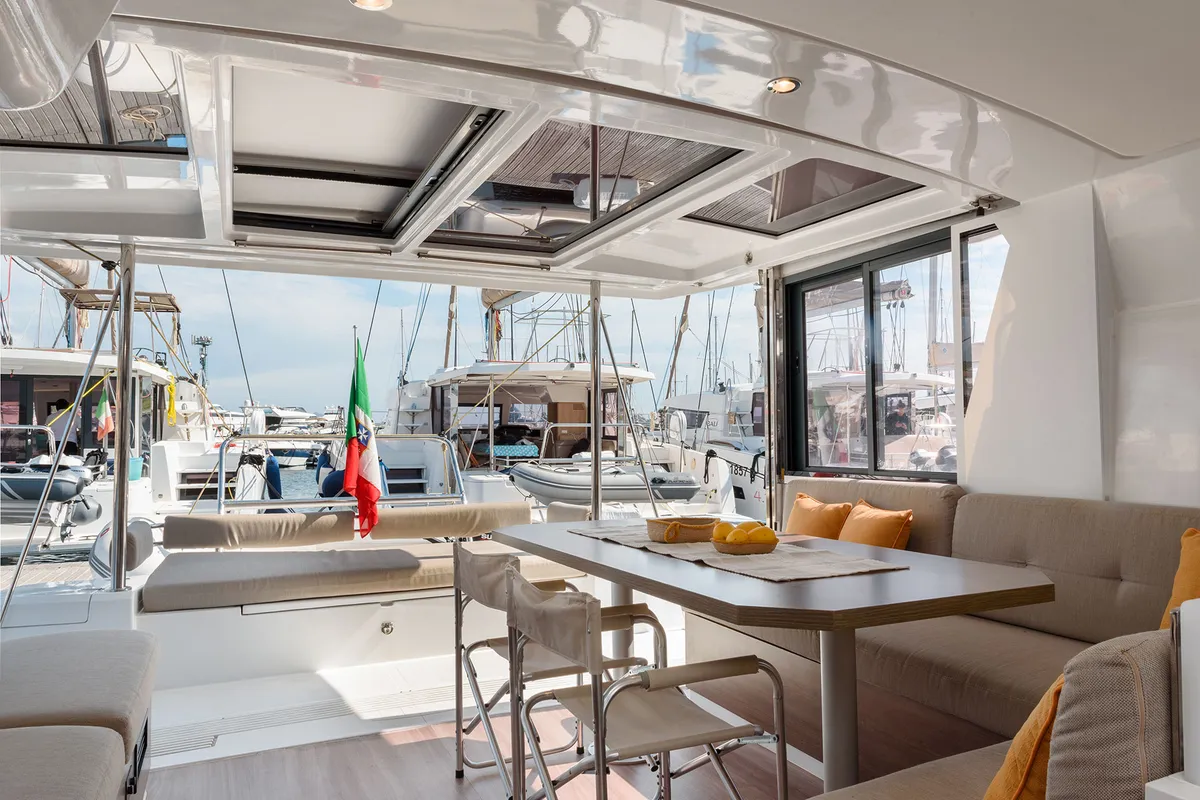 Salon of Orsa 5, a Bali 4.2 catamaran at Cannigione, Italy