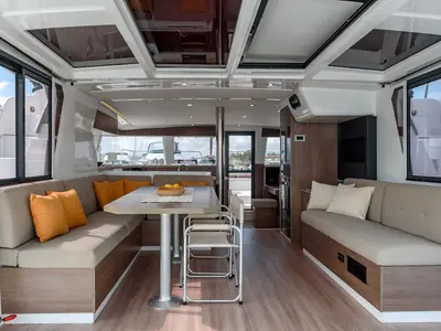 Salon of Orsa 5, a Bali 4.2 catamaran at Cannigione, Italy