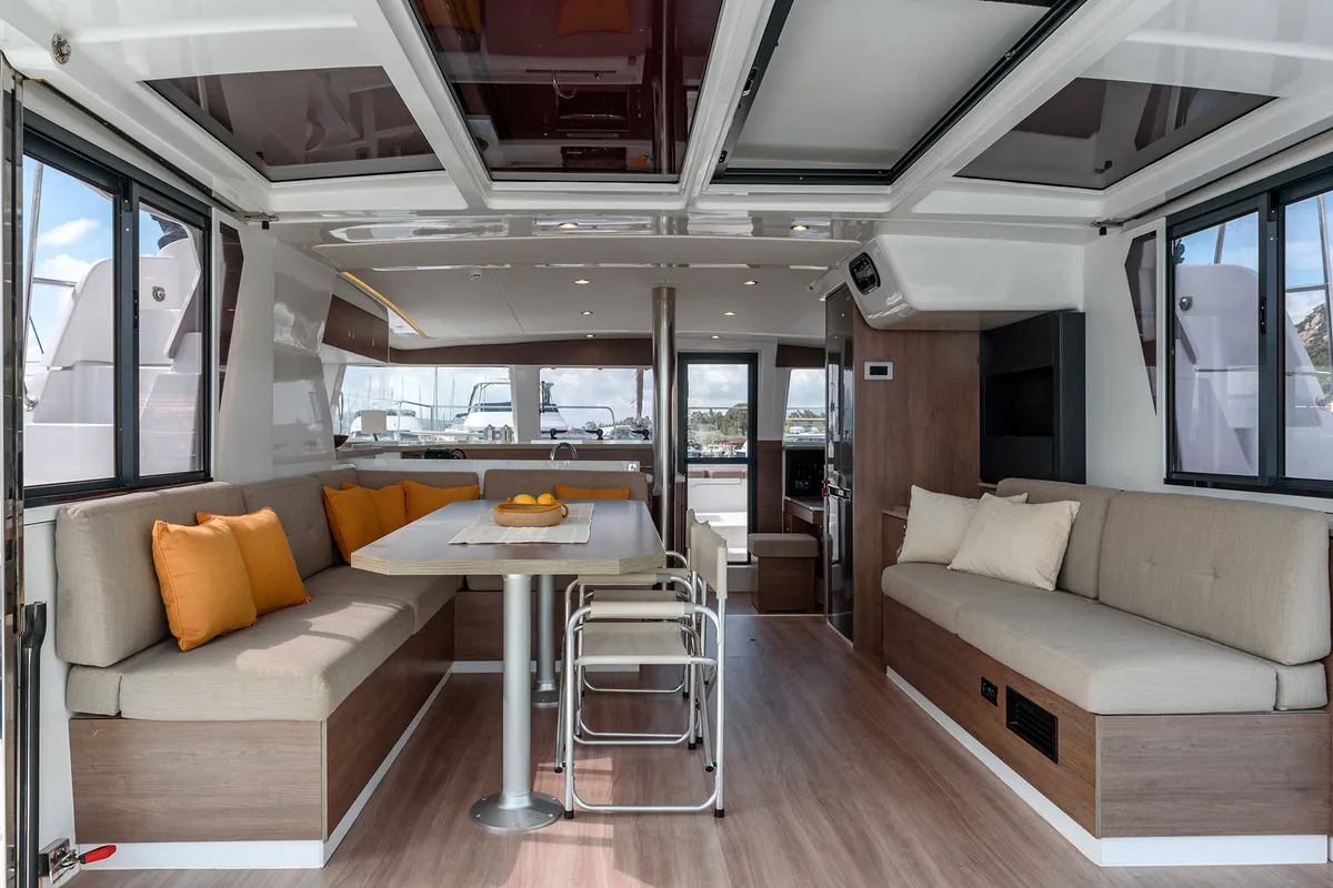 Salon of Orsa 5, a Bali 4.2 catamaran at Cannigione, Italy
