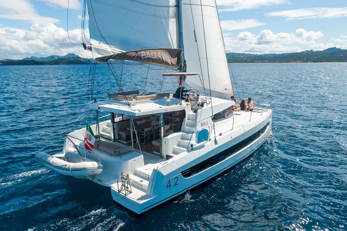Exterior view of Orsa 5, a Bali 4.2 catamaran at Cannigione, Italy