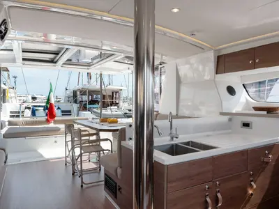 Galley of Orsa 5, a Bali 4.2 catamaran at Cannigione, Italy