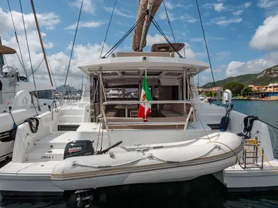 Deck of Orsa 5, a Bali 4.2 catamaran at Cannigione, Italy