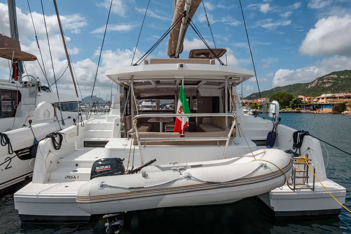 Deck of Orsa 5, a Bali 4.2 catamaran at Cannigione, Italy