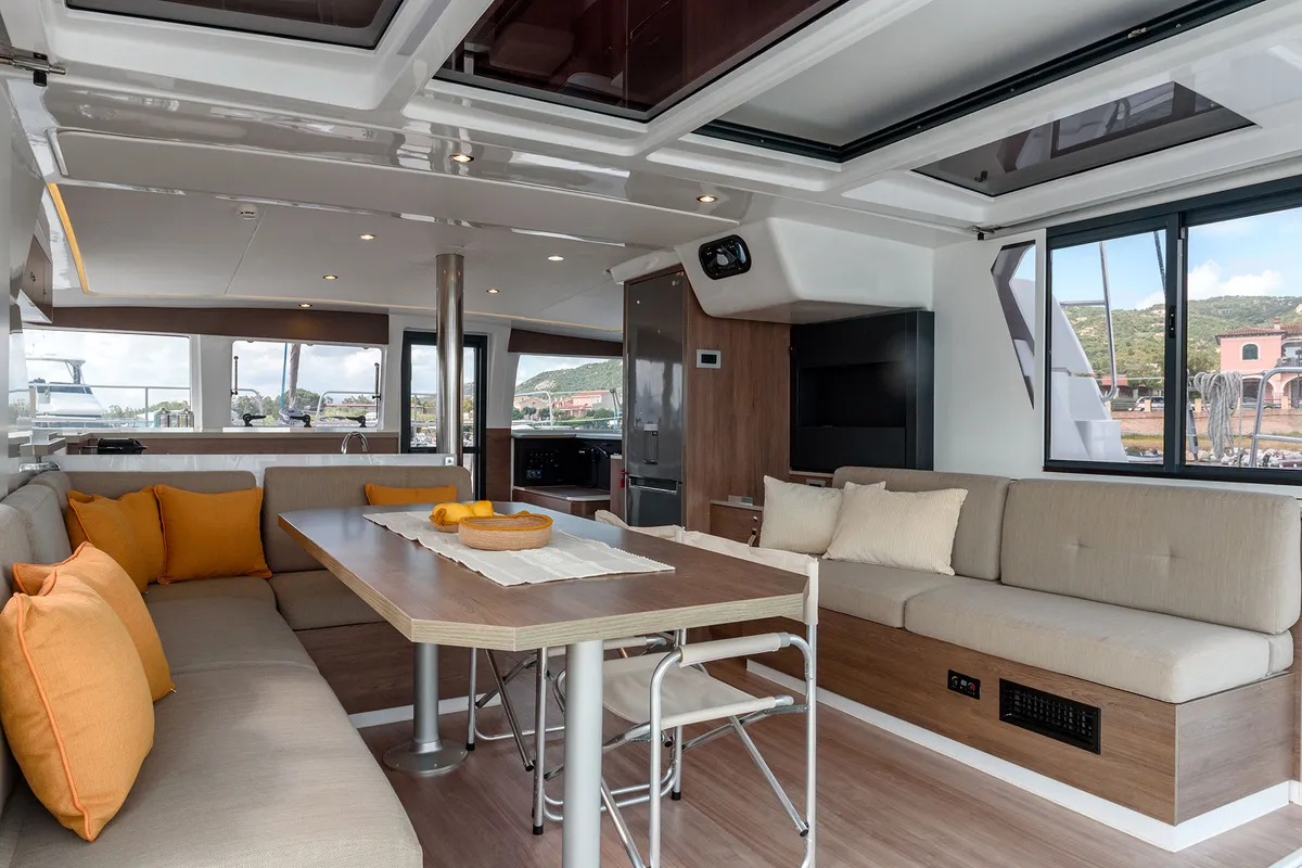 Salon of Orsa 5, a Bali 4.2 catamaran at Cannigione, Italy