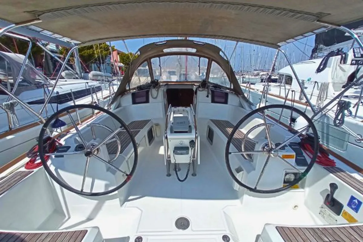 Cockpit of Jeanneau Sun Odyssey 379, a sailboat at Lefkada, Greece