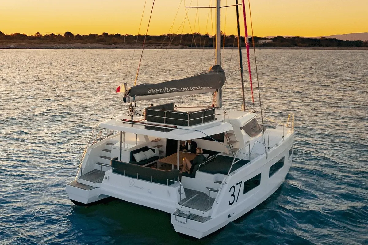 Exterior view of YaMas, a Aventura 37 catamaran at Municipal Unit of Lefkada, Greece