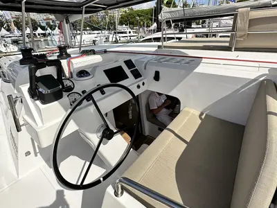 Cockpit of YaMas, a Aventura 37 catamaran at Municipal Unit of Lefkada, Greece