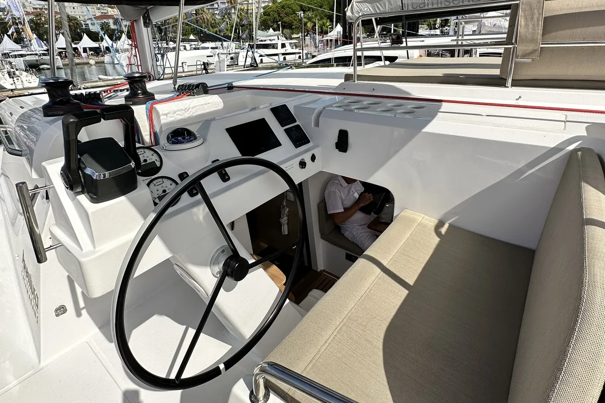 Cockpit of YaMas, a Aventura 37 catamaran at Municipal Unit of Lefkada, Greece