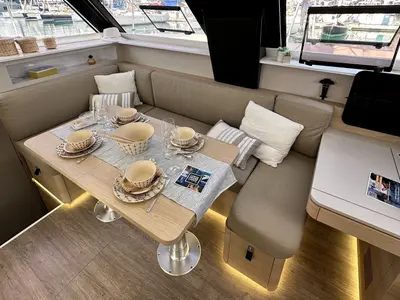 Salon of YaMas, a Aventura 37 catamaran at Municipal Unit of Lefkada, Greece