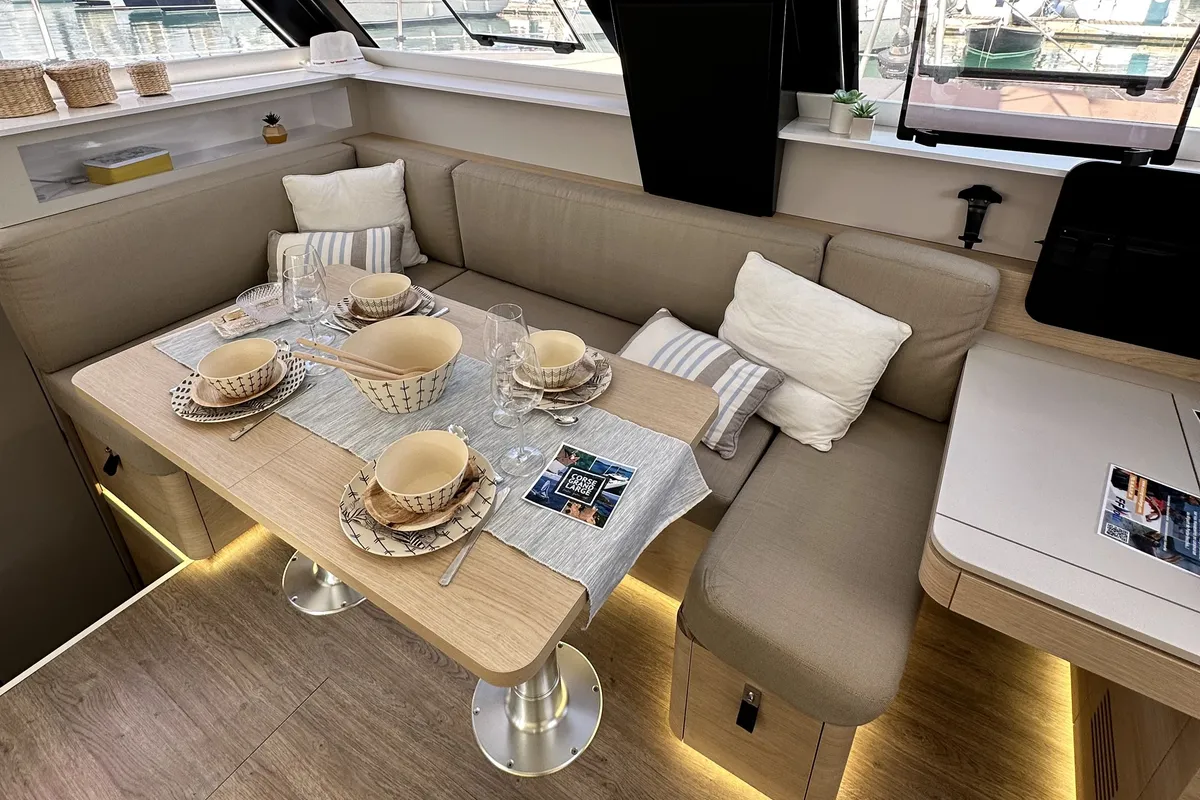 Salon of YaMas, a Aventura 37 catamaran at Municipal Unit of Lefkada, Greece
