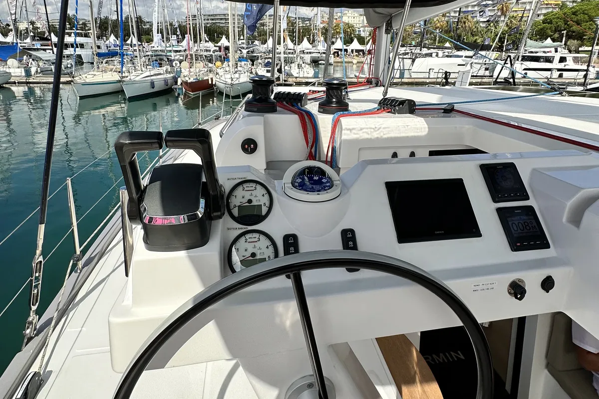 Cockpit of YaMas, a Aventura 37 catamaran at Municipal Unit of Lefkada, Greece