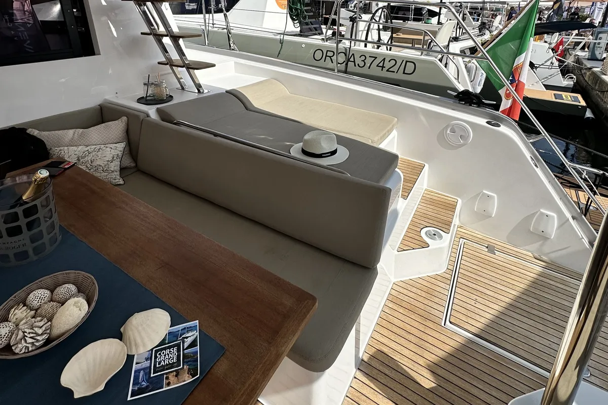 Deck of YaMas, a Aventura 37 catamaran at Municipal Unit of Lefkada, Greece