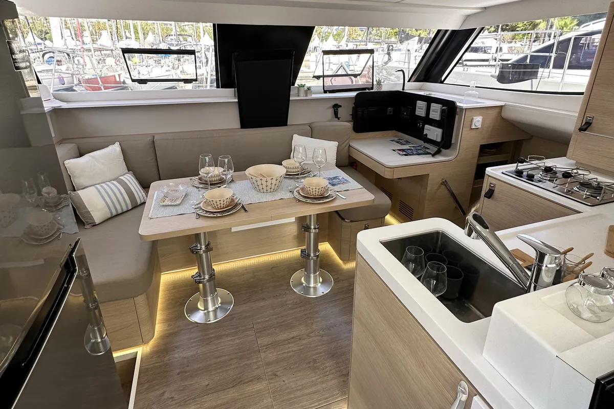 Salon of YaMas, a Aventura 37 catamaran at Municipal Unit of Lefkada, Greece