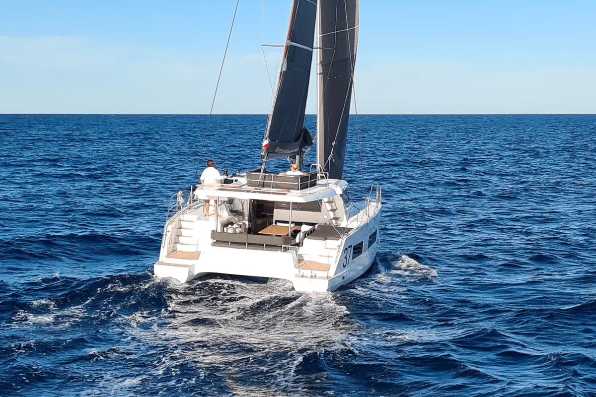 Exterior view of YaMas, a Aventura 37 catamaran at Municipal Unit of Lefkada, Greece