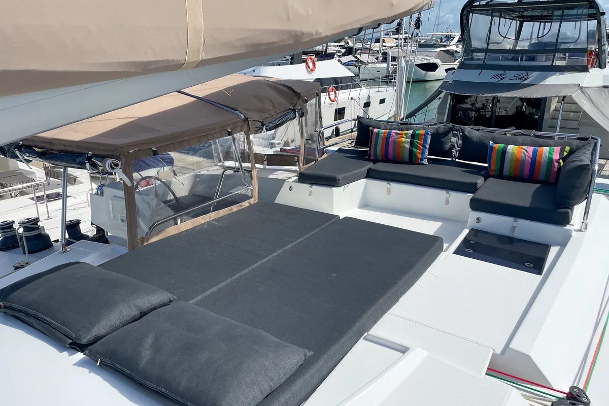 Deck of Maravelle, a Fountaine Pajot Saona 47 Quintet catamaran at Pa Khlok, Thailand