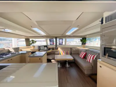Salon of Maravelle, a Fountaine Pajot Saona 47 Quintet catamaran at Pa Khlok, Thailand