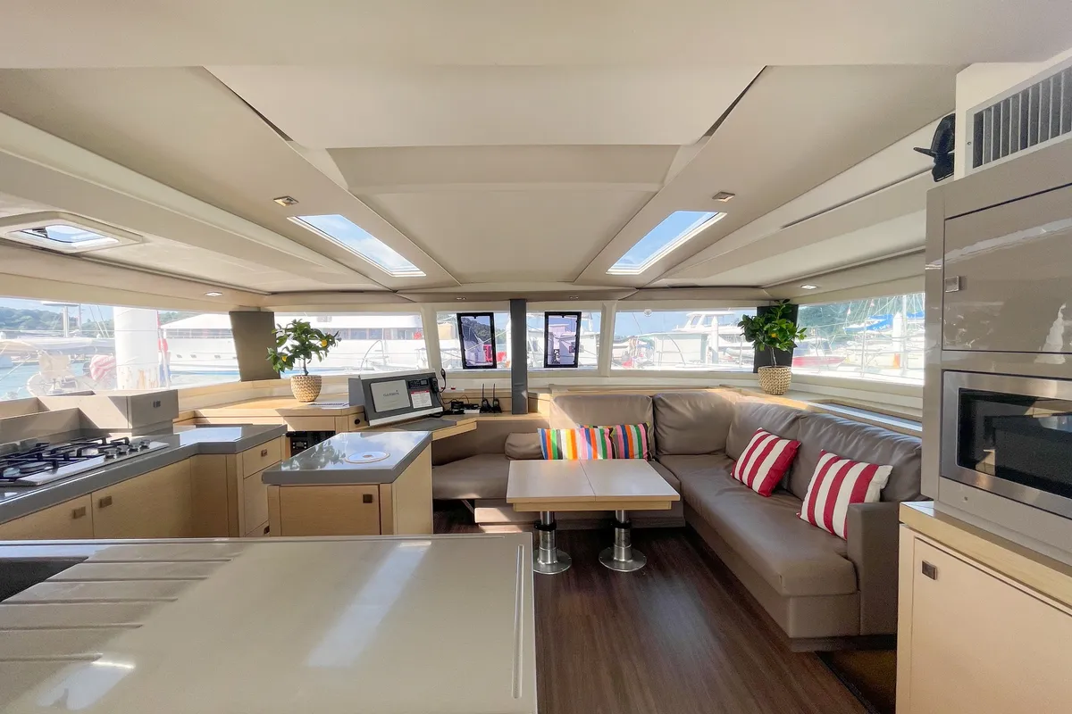 Salon of Maravelle, a Fountaine Pajot Saona 47 Quintet catamaran at Pa Khlok, Thailand