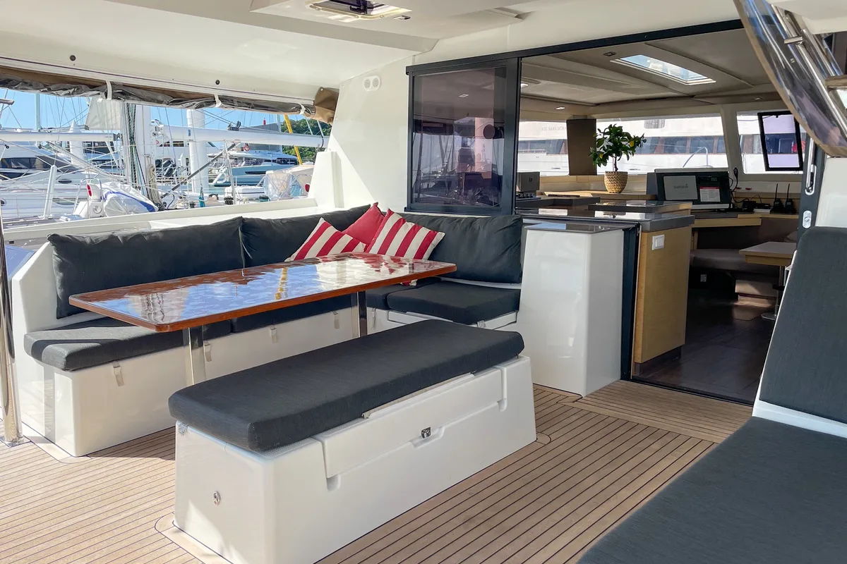 Deck of Maravelle, a Fountaine Pajot Saona 47 Quintet catamaran at Pa Khlok, Thailand