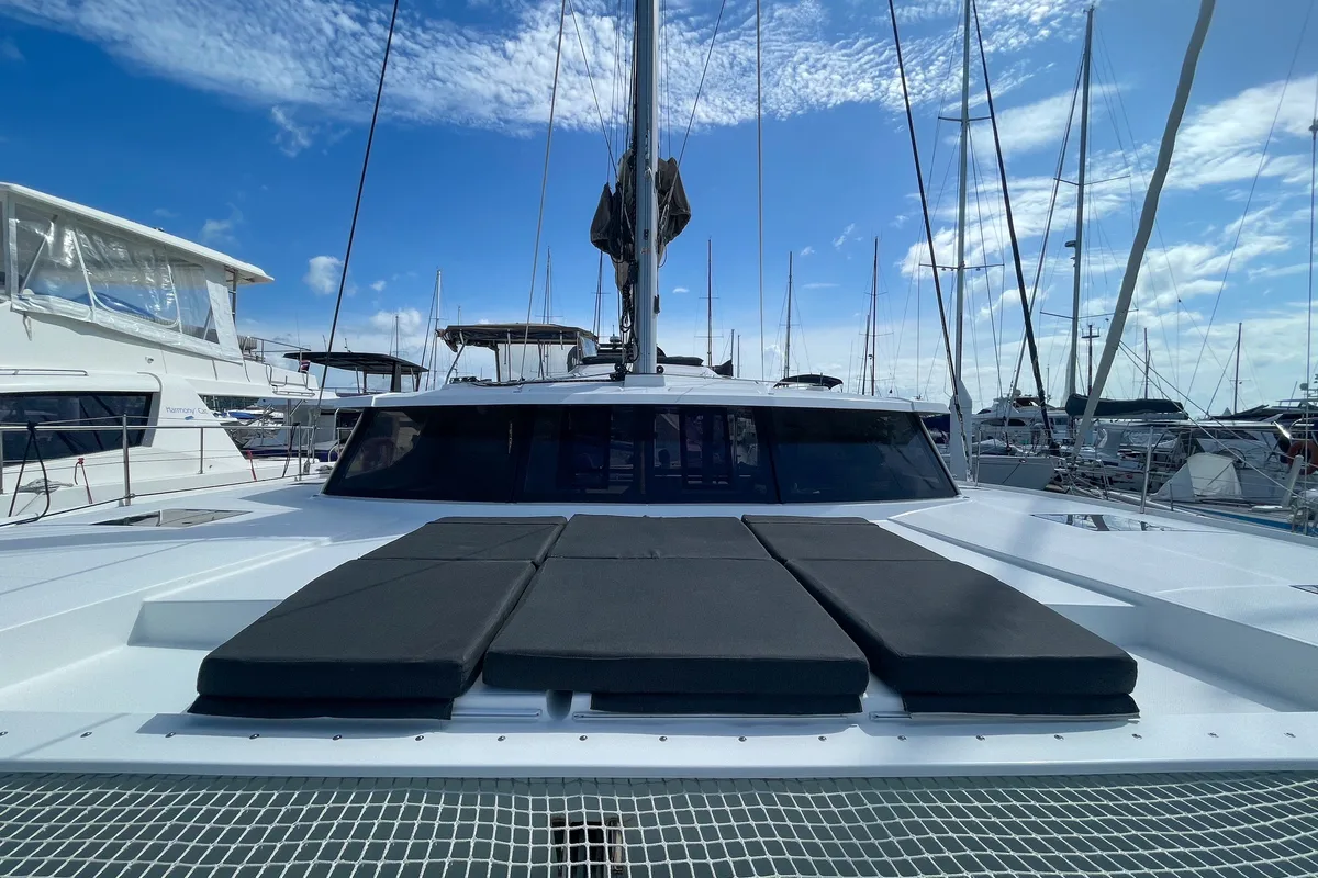 Deck of Maravelle, a Fountaine Pajot Saona 47 Quintet catamaran at Pa Khlok, Thailand