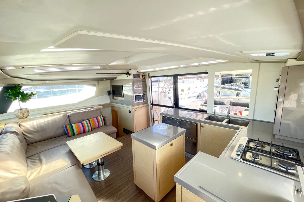 Salon of Maravelle, a Fountaine Pajot Saona 47 Quintet catamaran at Pa Khlok, Thailand