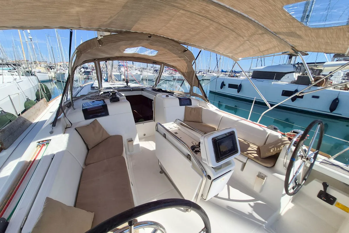 Cockpit of Thales, a Jeanneau Sun Odyssey 439 sailboat at Municipal Unit of Lefkada, Greece