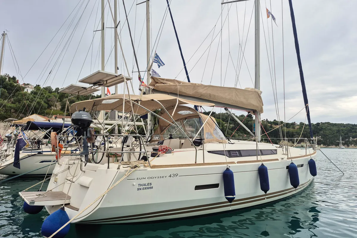 Exterior view of Thales, a Jeanneau Sun Odyssey 439 sailboat at Municipal Unit of Lefkada, Greece