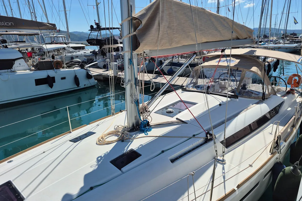 Exterior view of Thales, a Jeanneau Sun Odyssey 439 sailboat at Municipal Unit of Lefkada, Greece