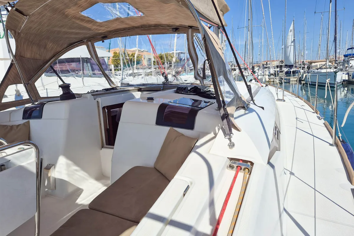 Deck of Thales, a Jeanneau Sun Odyssey 439 sailboat at Municipal Unit of Lefkada, Greece