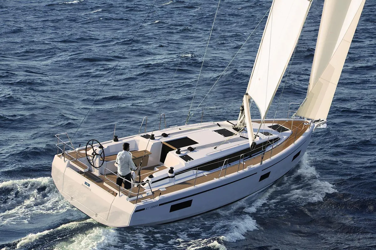 Exterior view of Xiphias V, a Bavaria C38 sailboat at Marseille, France